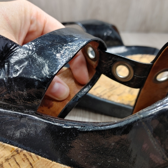 SOFFT Black Patent Leather Cork Wedge Montera Sandals T Strap Sling Back size 10 - Picture 10 of 12